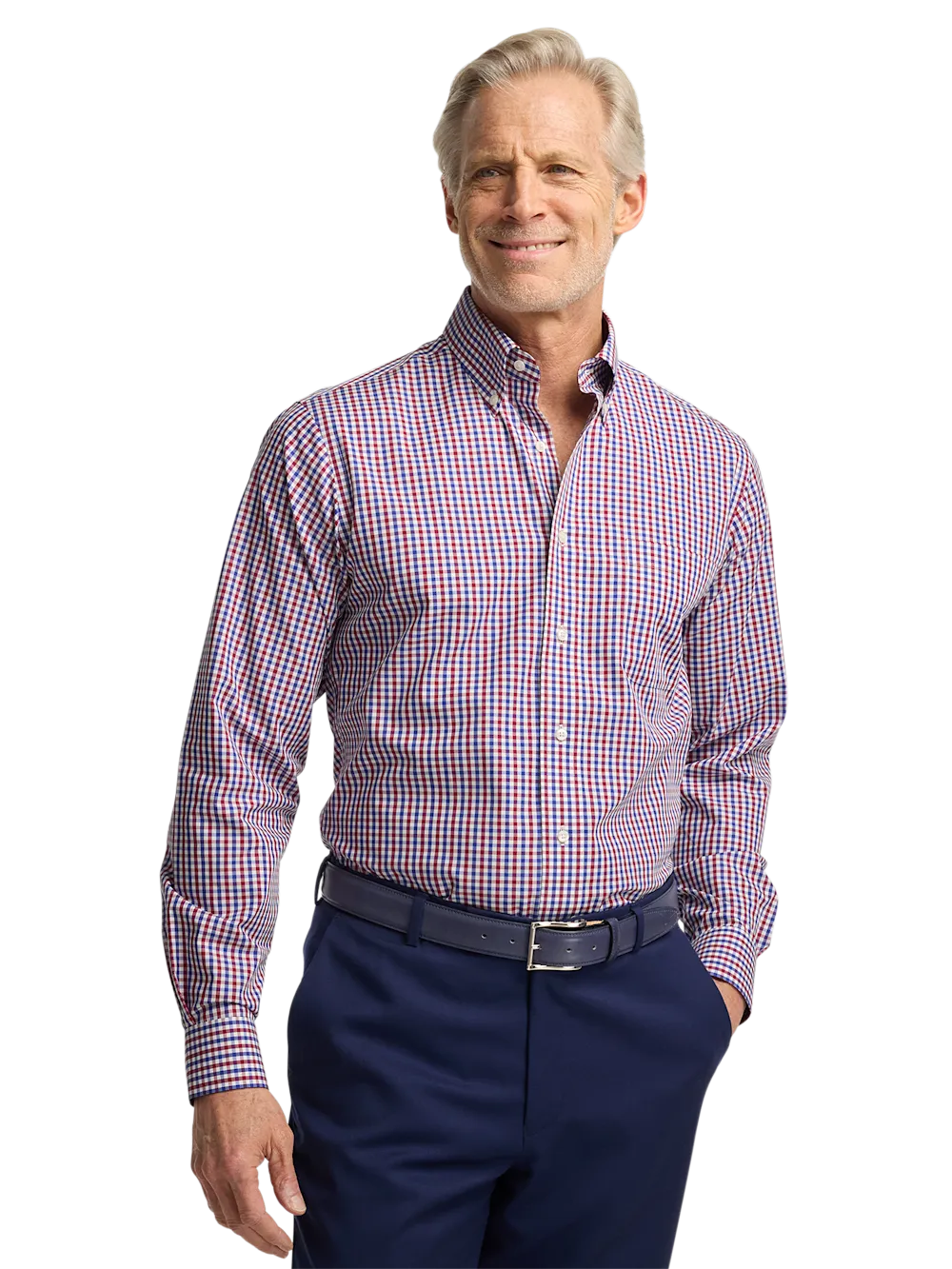 Non-Iron Cotton Gingham Dress Shirt With Contrast Trim - Blue/red
