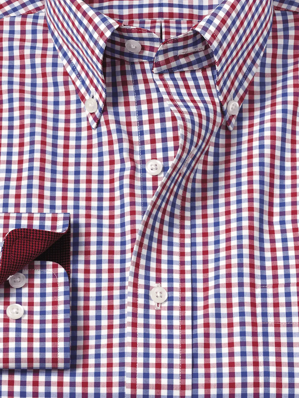 Non-Iron Cotton Gingham Dress Shirt With Contrast Trim - Blue/red