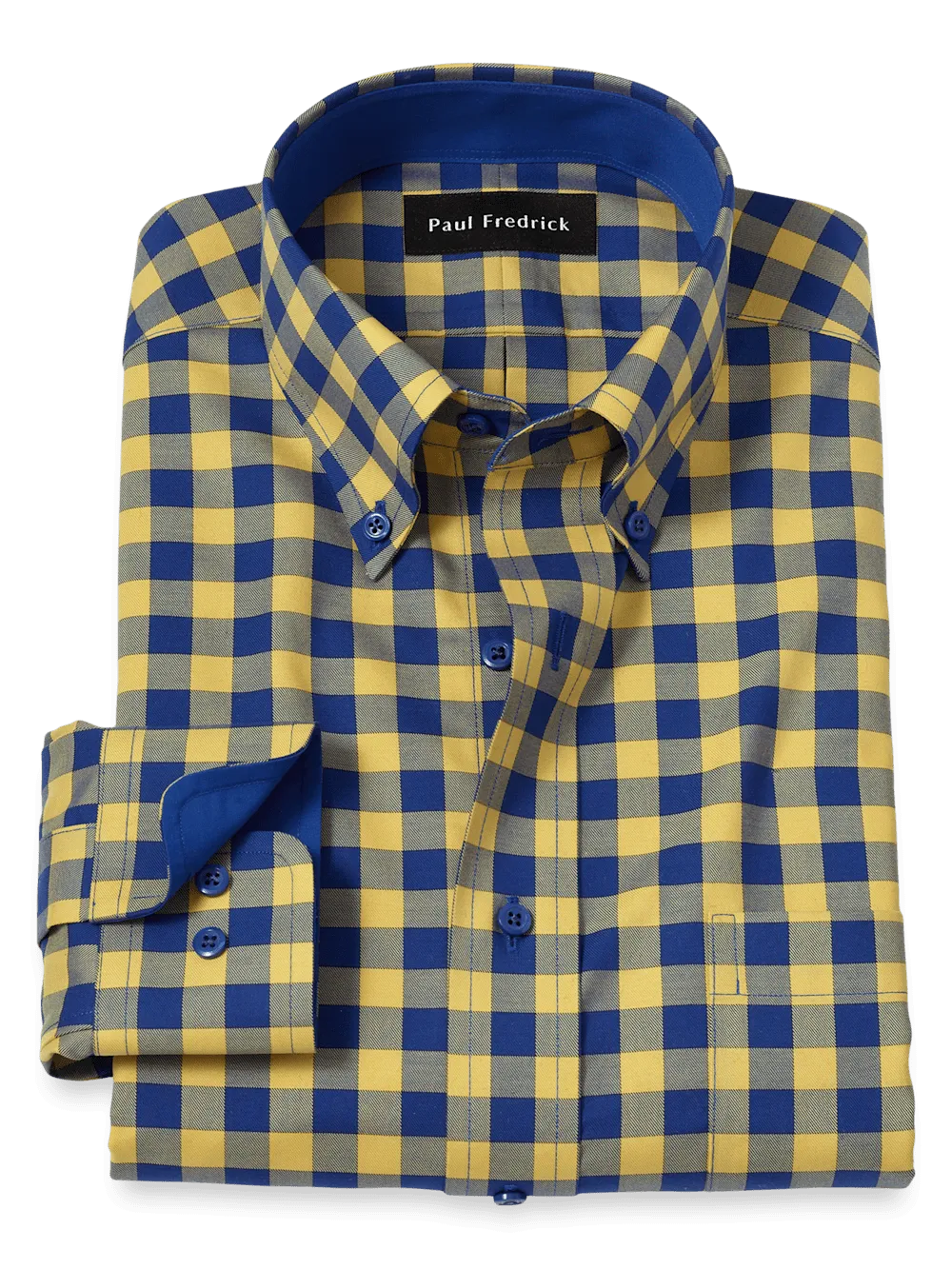 Non-Iron Cotton Gingham Dress Shirt With Contrast Trim - Blue/yellow