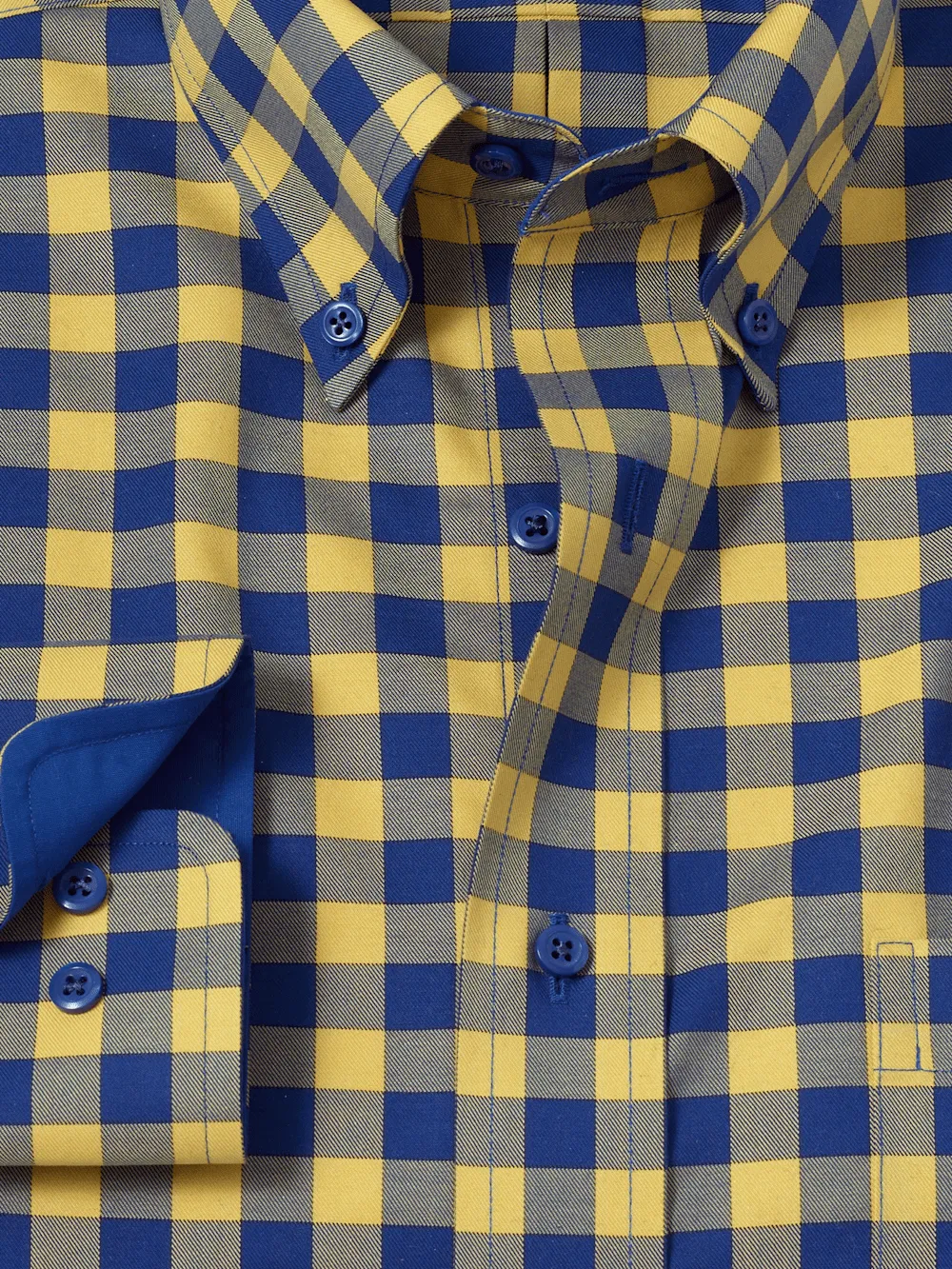 Non-Iron Cotton Gingham Dress Shirt With Contrast Trim - Blue/yellow