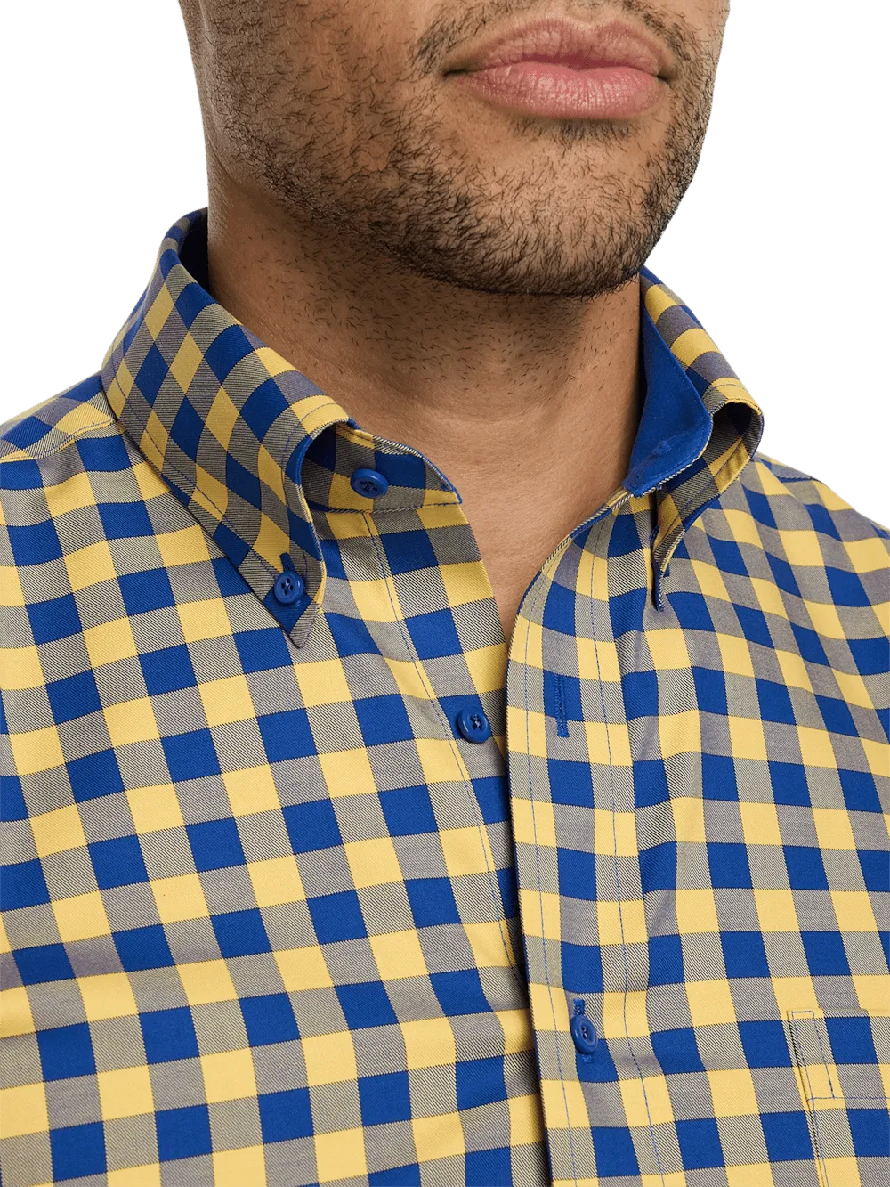 Non-Iron Cotton Gingham Dress Shirt With Contrast Trim - Blue/yellow