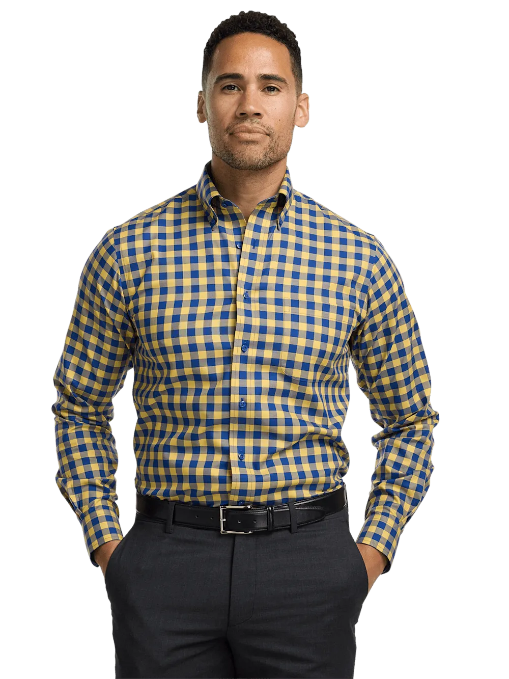 Non-Iron Cotton Gingham Dress Shirt With Contrast Trim - Blue/yellow