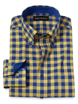 Non-Iron Cotton Gingham Dress Shirt With Contrast Trim - Blue/yellow