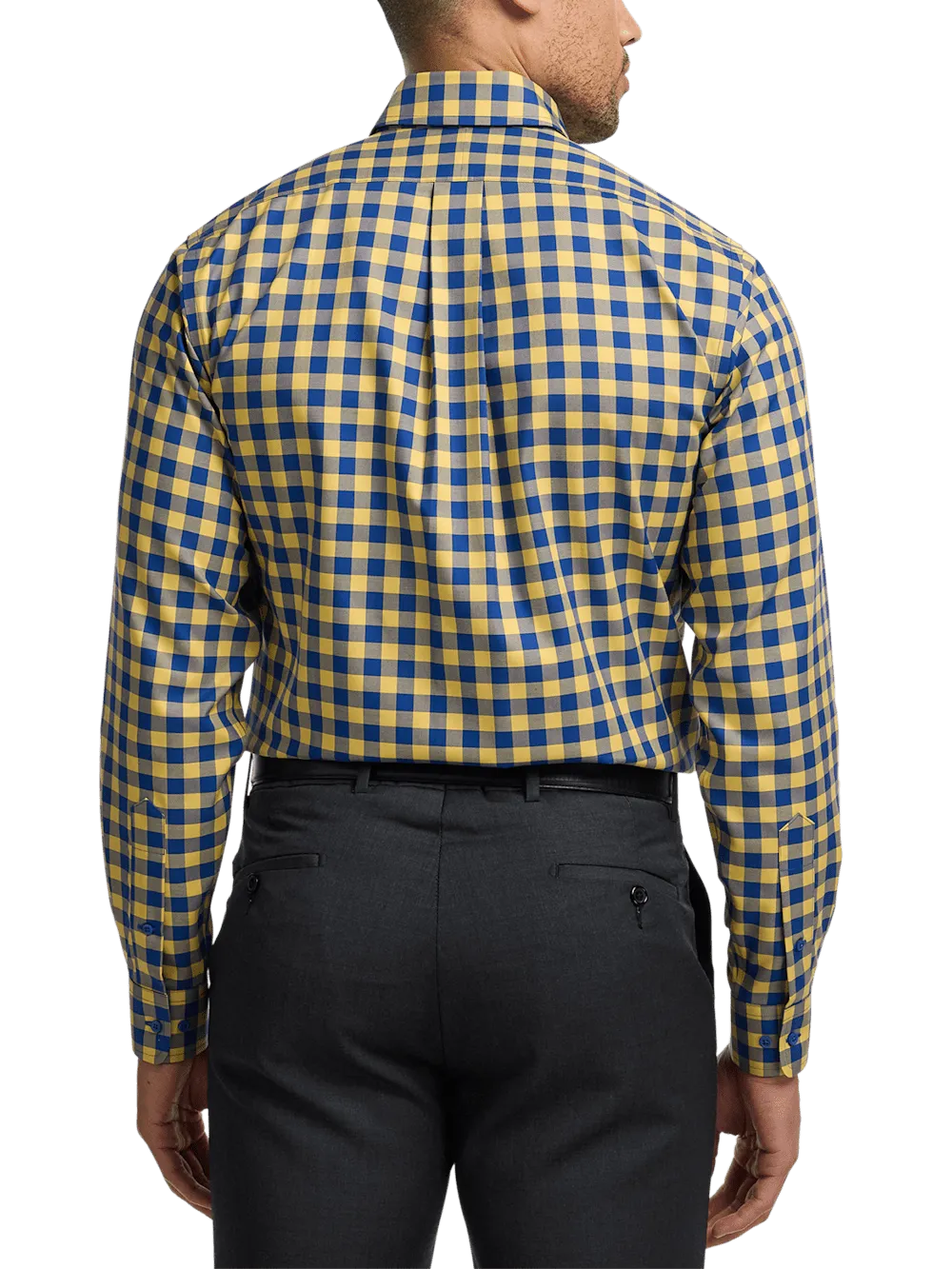 Non-Iron Cotton Gingham Dress Shirt With Contrast Trim - Blue/yellow