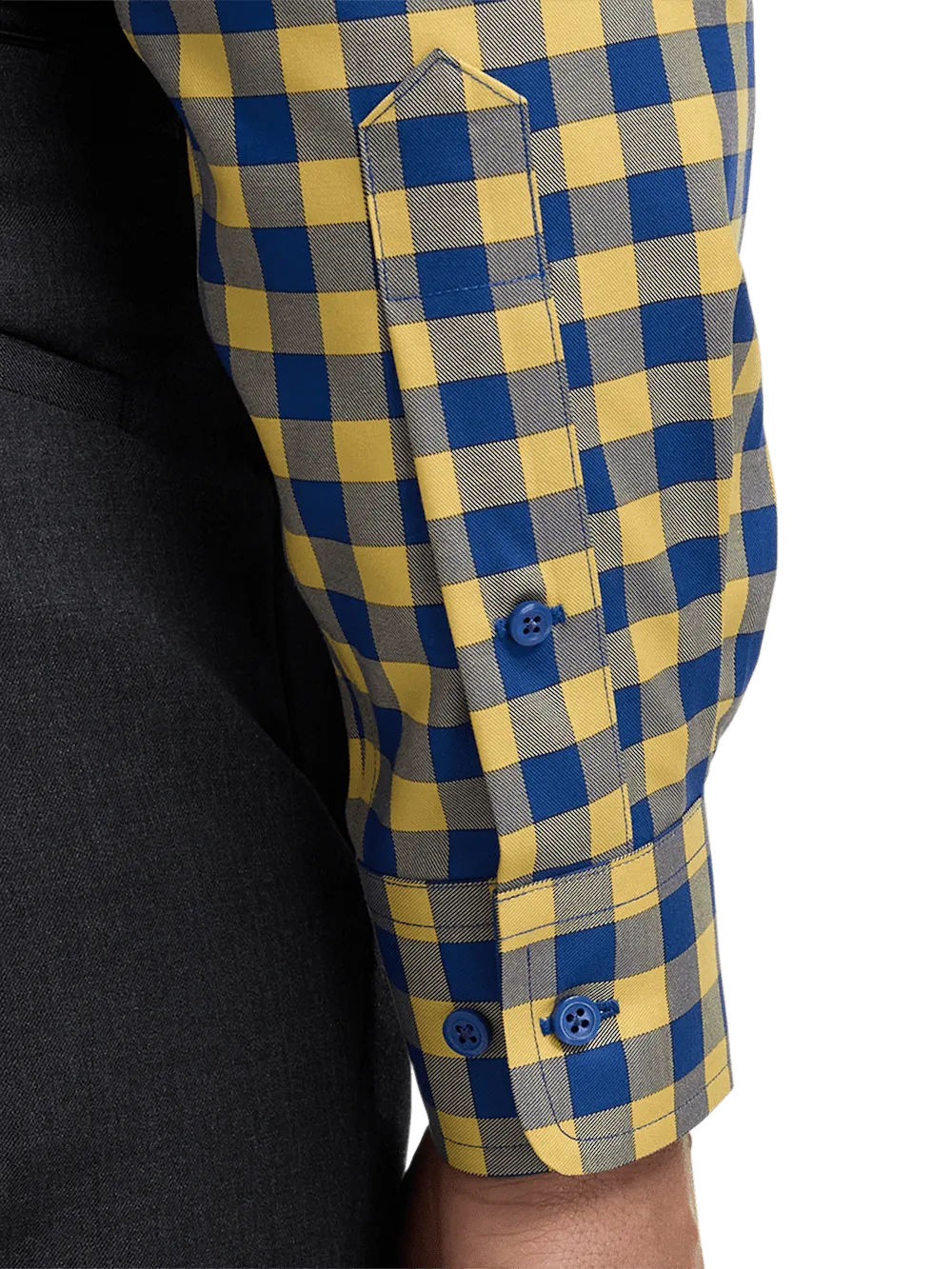 Non-Iron Cotton Gingham Dress Shirt With Contrast Trim - Blue/yellow