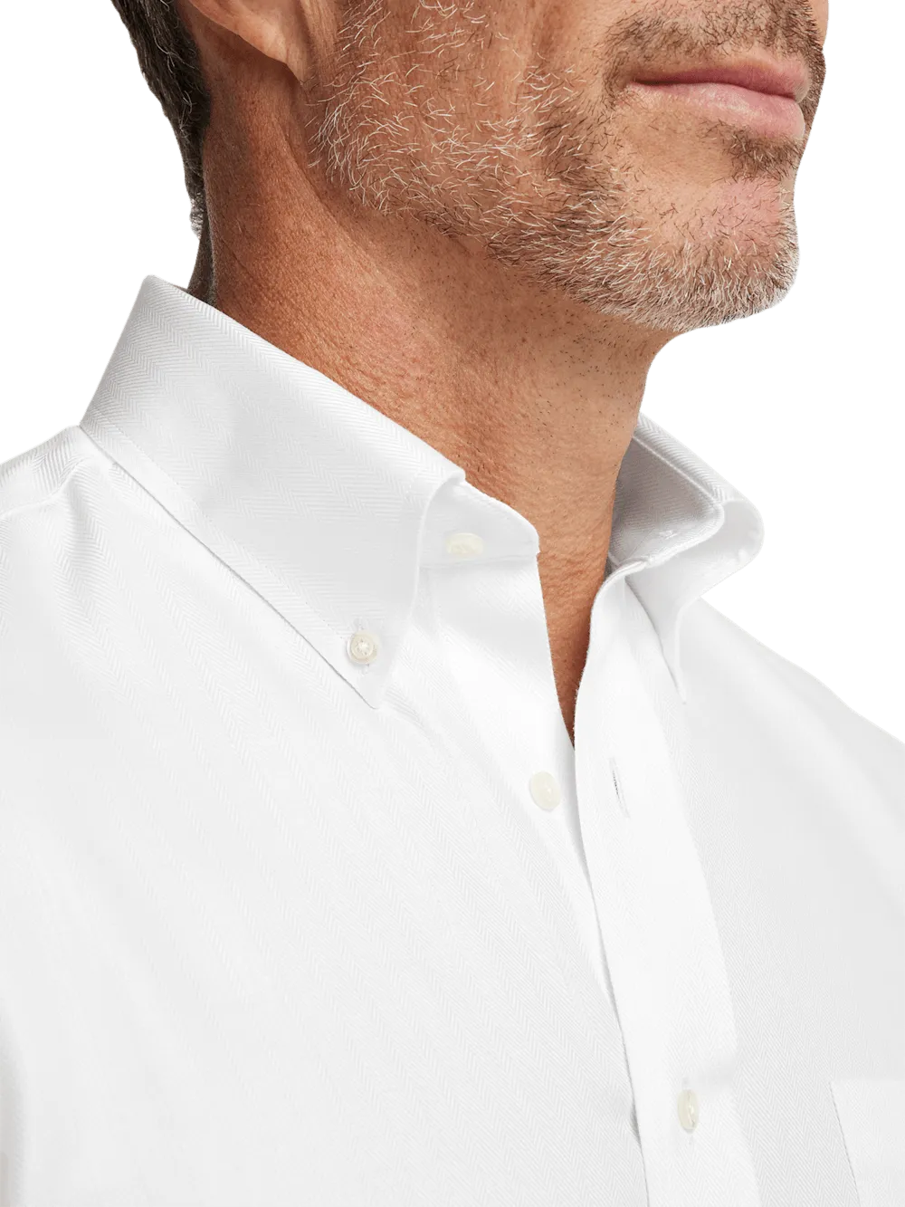 Non-Iron Cotton Herringbone Button Down Collar Dress Shirt - White