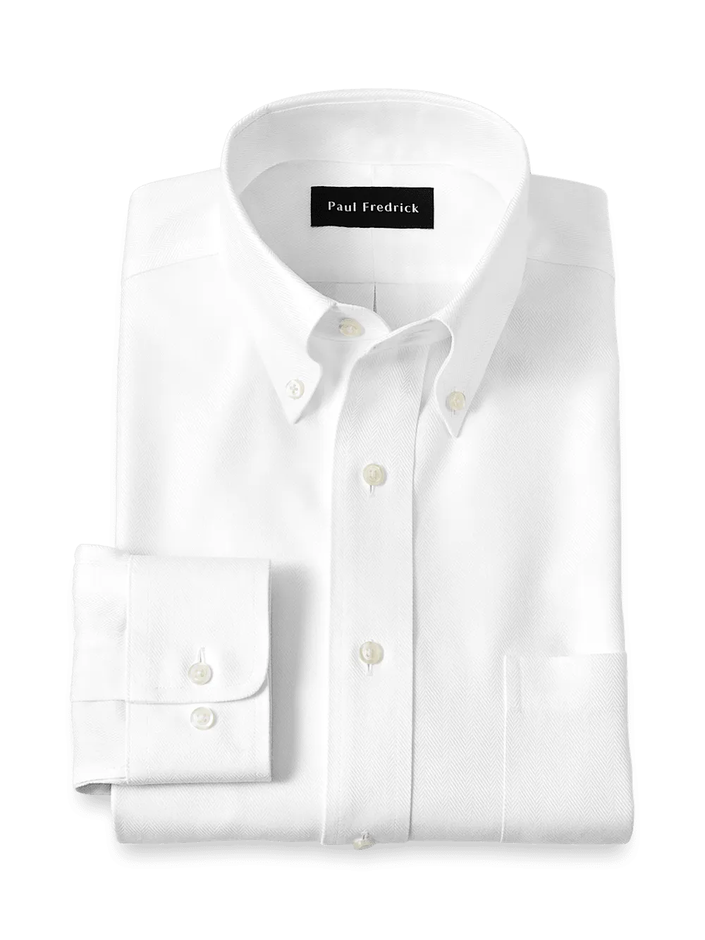 Non-Iron Cotton Herringbone Button Down Collar Dress Shirt - White