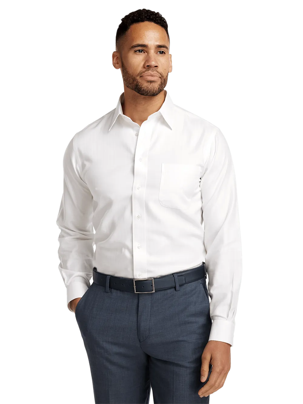 Non-Iron Cotton Herringbone Point Collar Dress Shirt - White