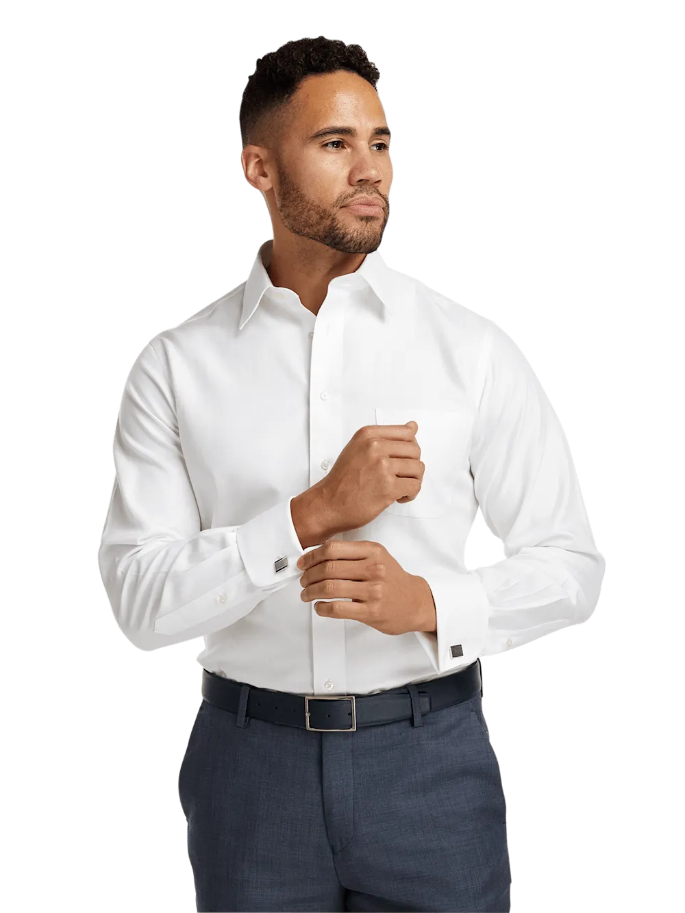 Non-Iron Cotton Herringbone Point Collar French Cuff Dress Shirt - White