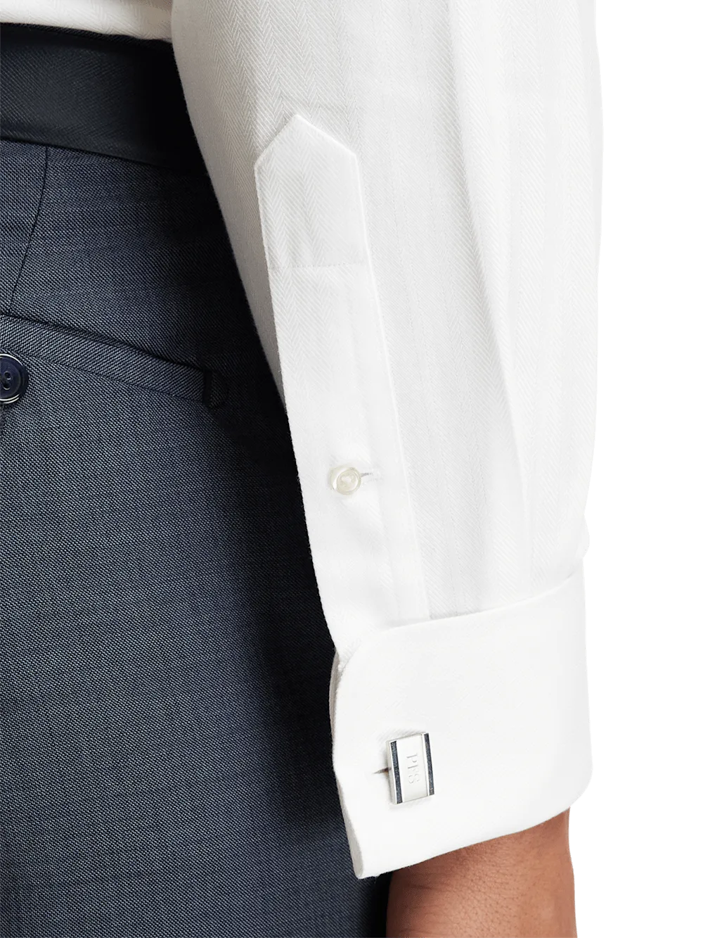 Non-Iron Cotton Herringbone Point Collar French Cuff Dress Shirt - White