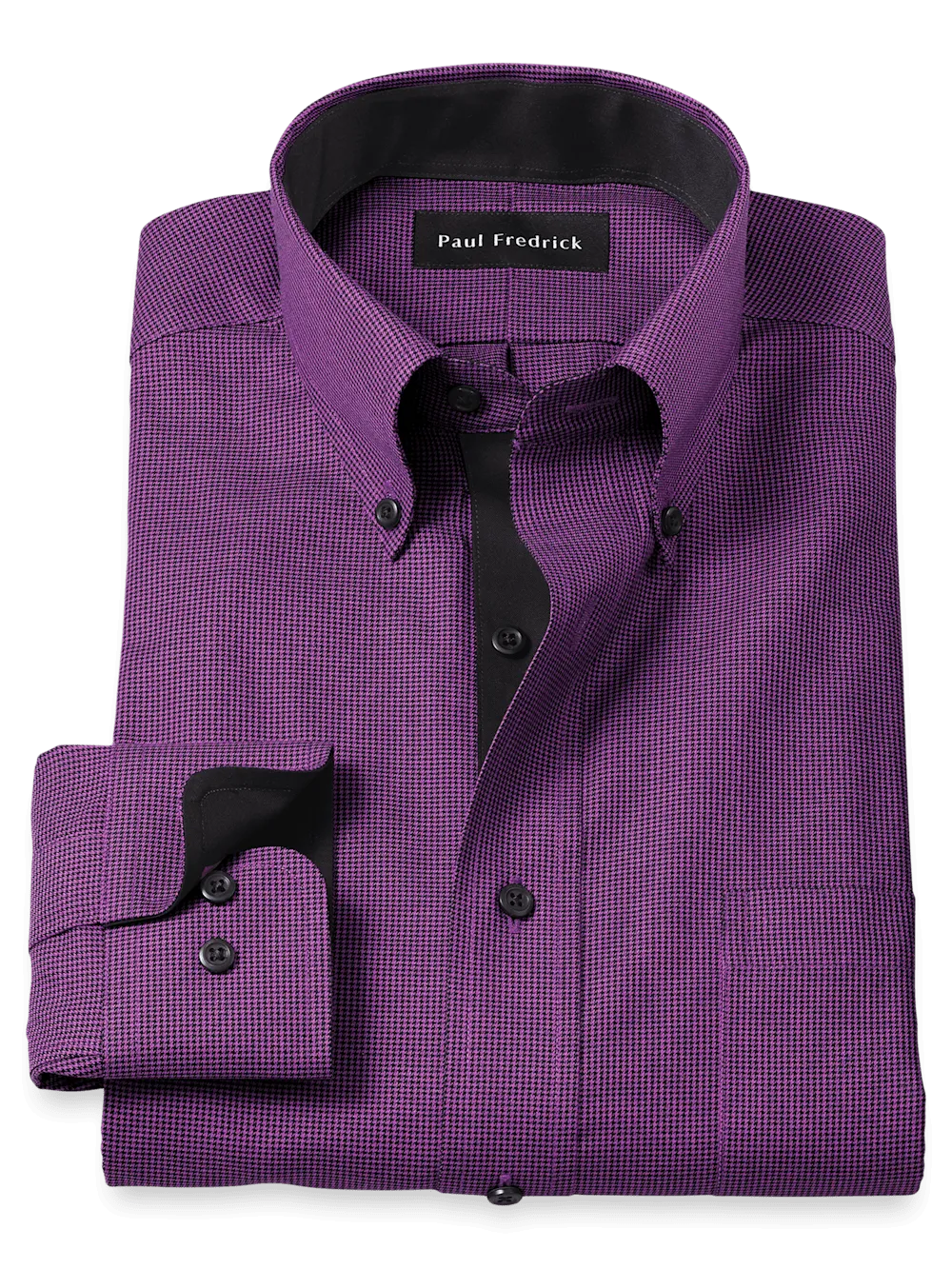 Non-Iron Cotton Houndstooth Dress Shirt With Contrast Trim - Black/purple