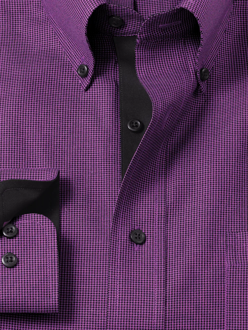 Non-Iron Cotton Houndstooth Dress Shirt With Contrast Trim - Black/purple