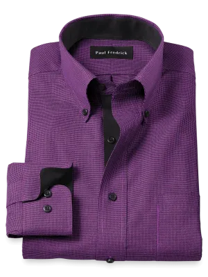 Non-Iron Cotton Houndstooth Dress Shirt With Contrast Trim - Black/purple