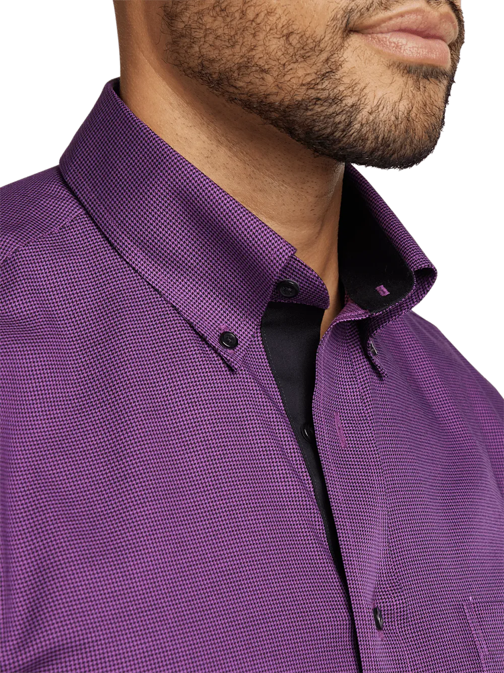Non-Iron Cotton Houndstooth Dress Shirt With Contrast Trim - Black/purple