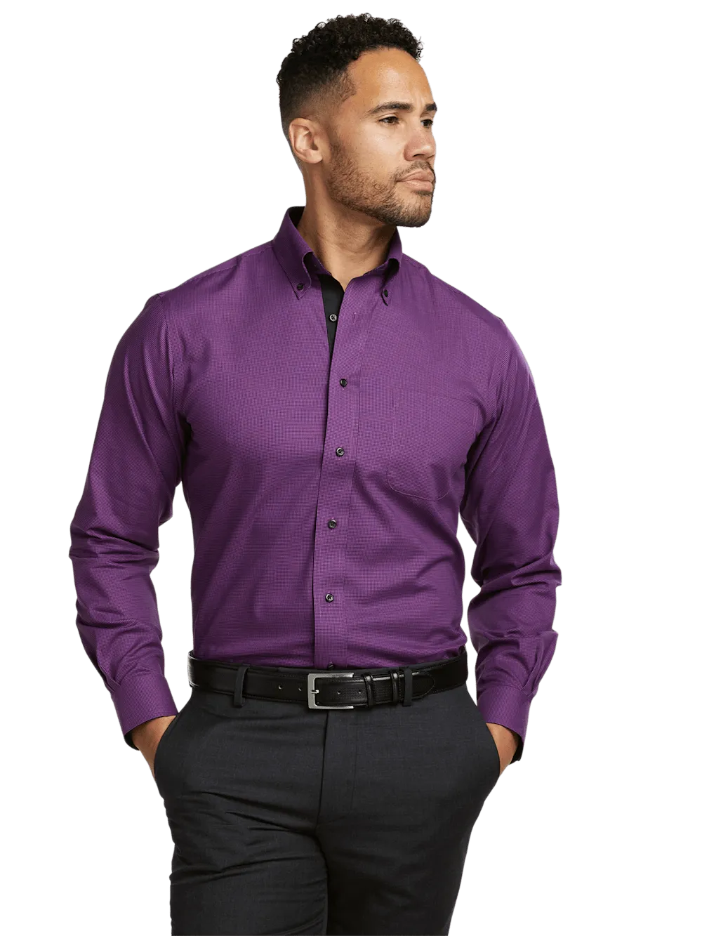 Non-Iron Cotton Houndstooth Dress Shirt With Contrast Trim - Black/purple