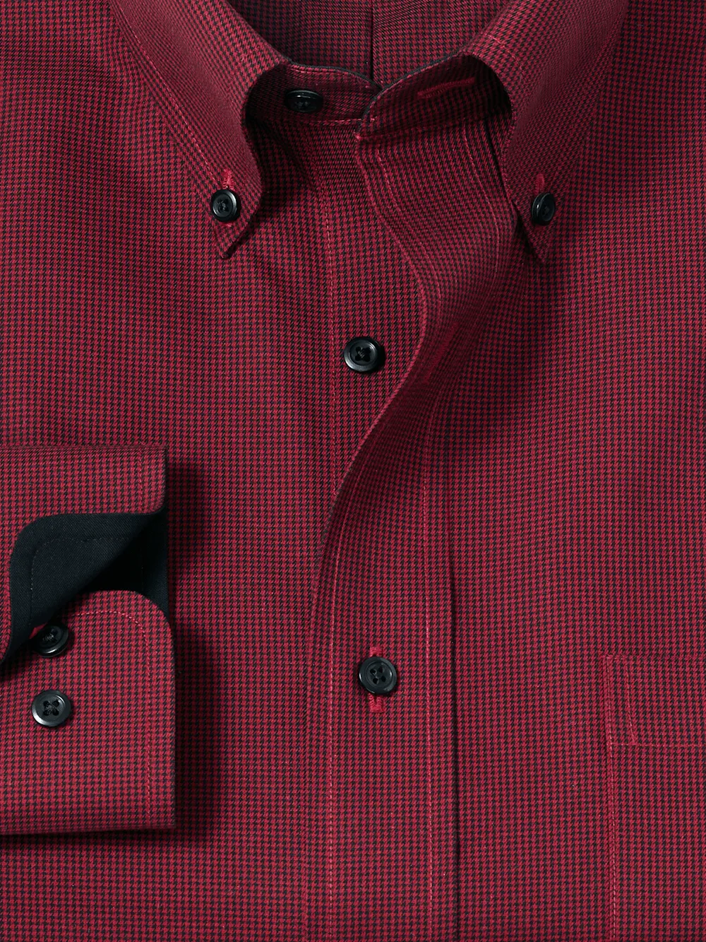 Non-Iron Cotton Houndstooth Dress Shirt With Contrast Trim - Black/red