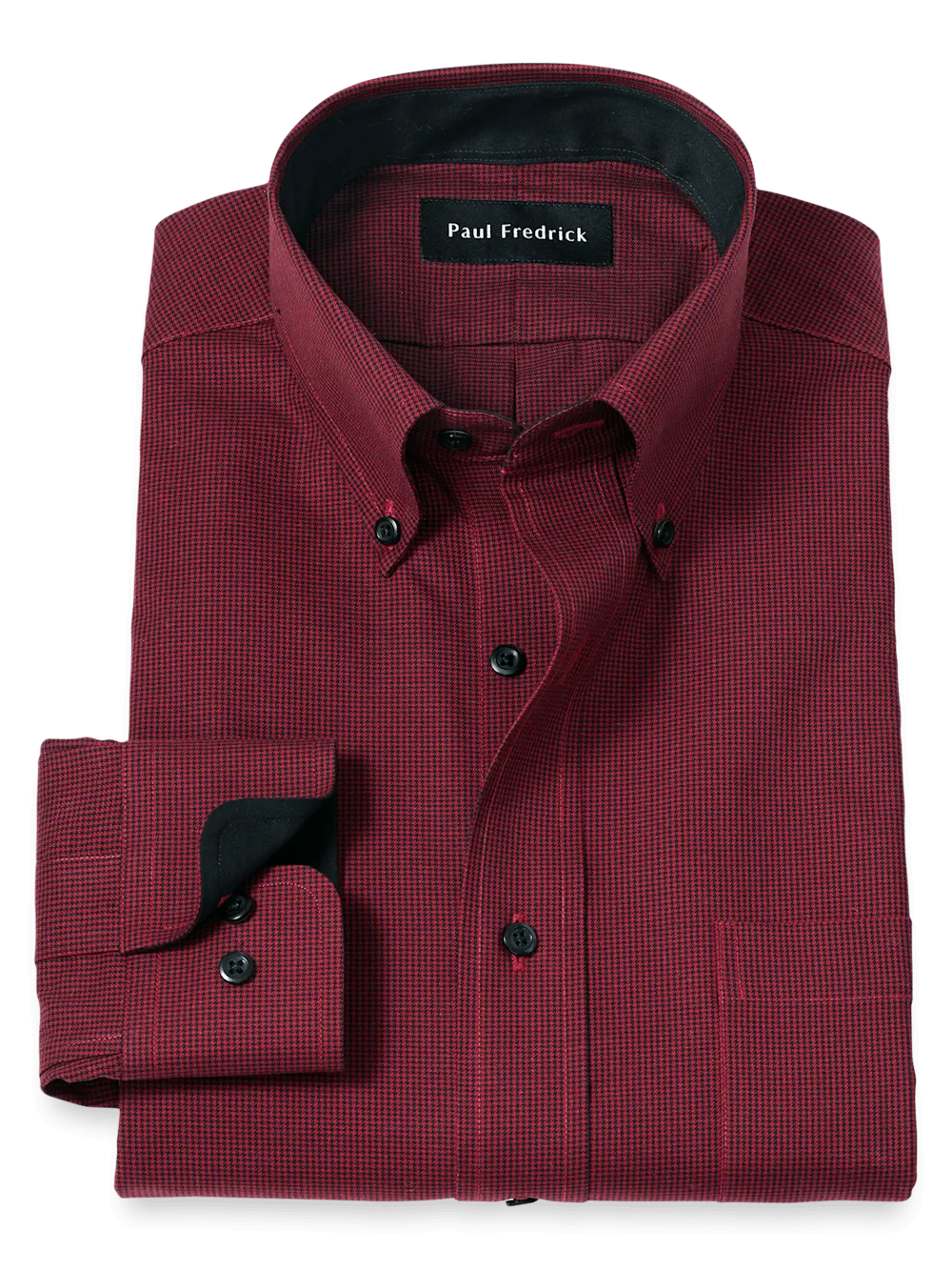 Non-Iron Cotton Houndstooth Dress Shirt With Contrast Trim - Black/red