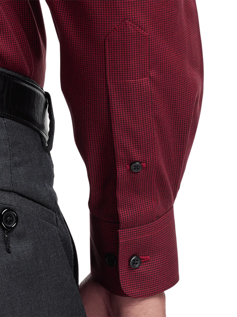 Non-Iron Cotton Houndstooth Dress Shirt With Contrast Trim - Black/red
