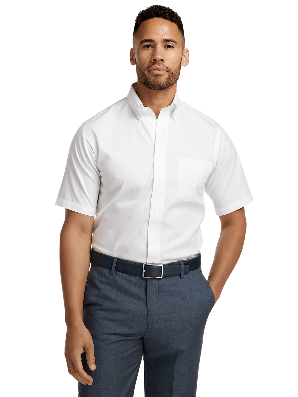 Non-Iron Cotton Pinpoint Solid Button Down Collar Short Sleeve Dress Shirt - White