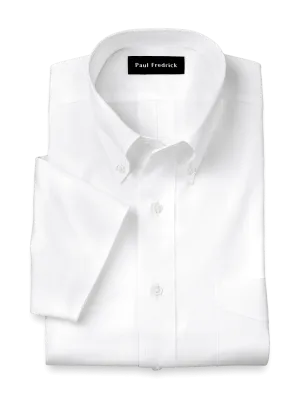 Non-Iron Cotton Pinpoint Solid Button Down Collar Short Sleeve Dress Shirt - White