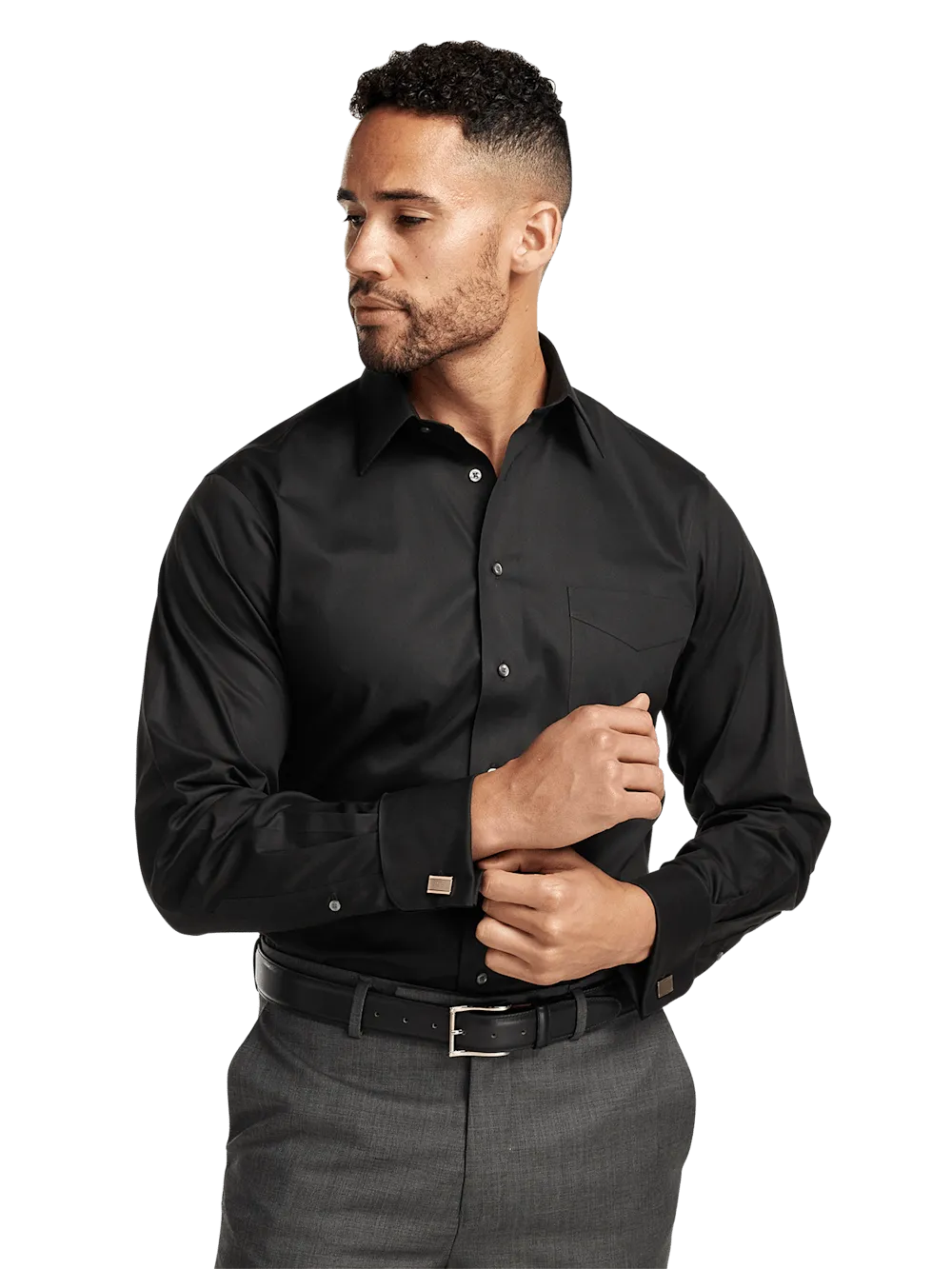 Non-Iron Cotton Pinpoint Solid Point Collar French Cuff Dress Shirt - Black