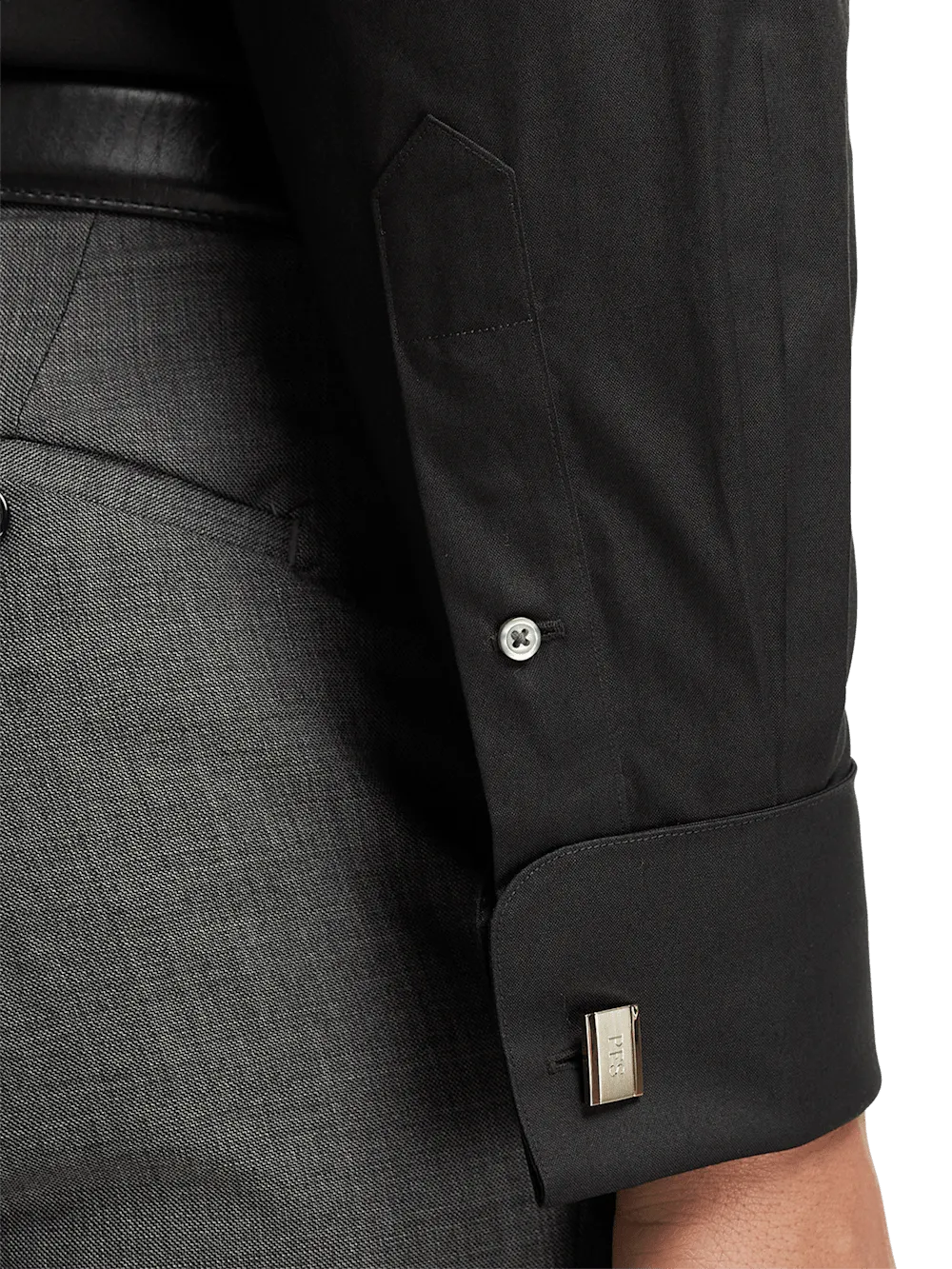Non-Iron Cotton Pinpoint Solid Point Collar French Cuff Dress Shirt - Black