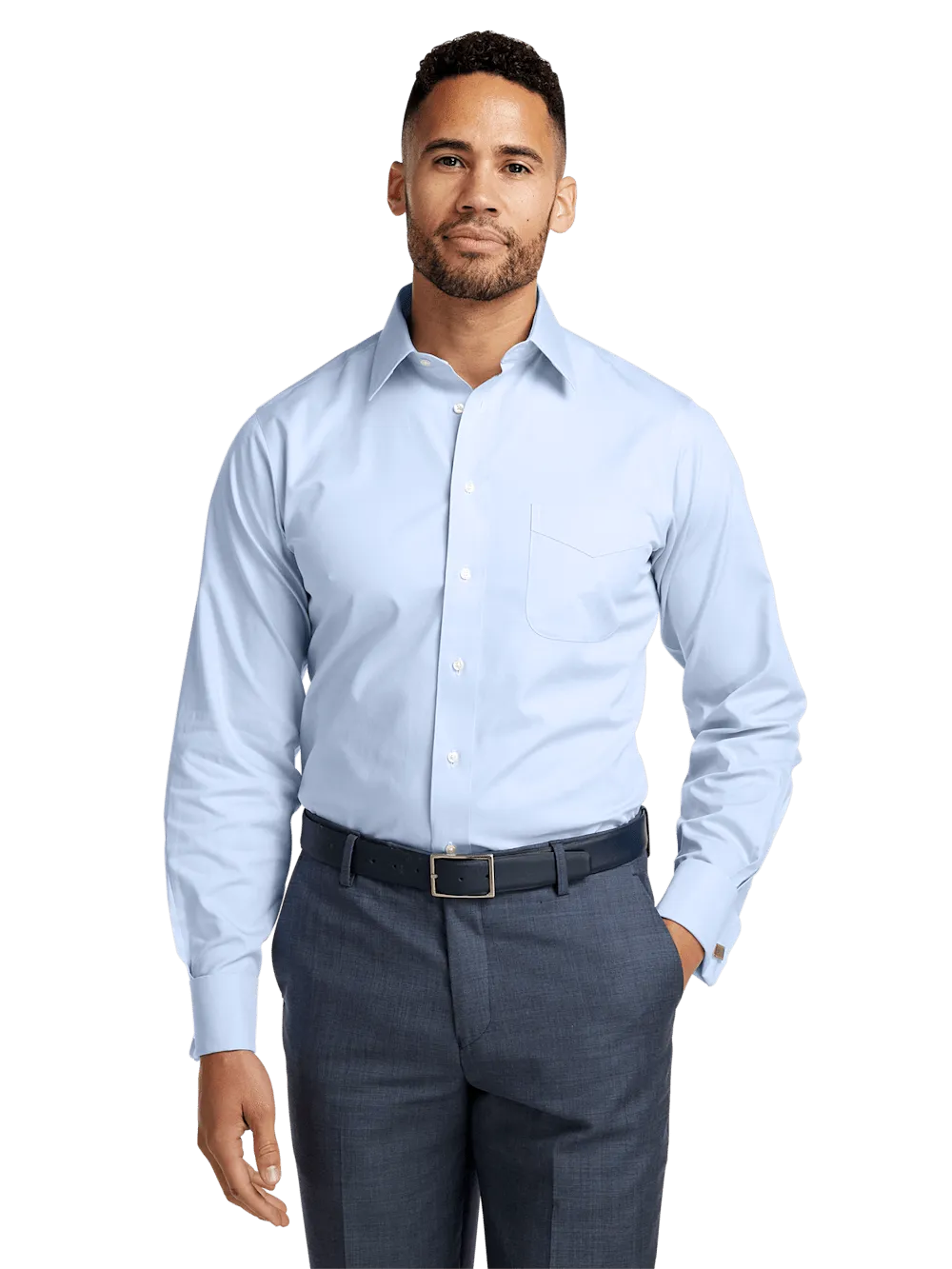 Non-Iron Cotton Pinpoint Solid Point Collar French Cuff Dress Shirt - Blue