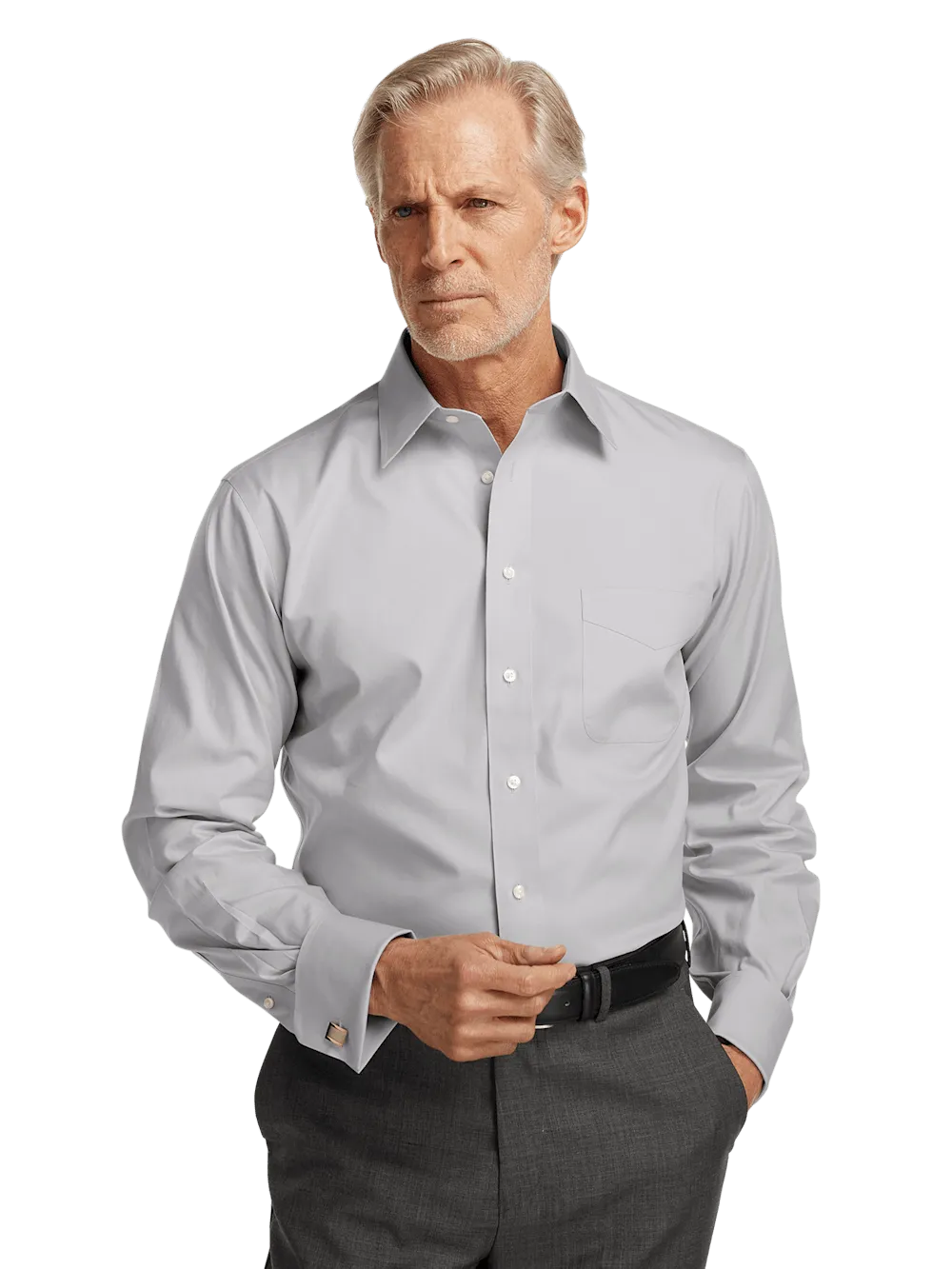 Non-Iron Cotton Pinpoint Solid Point Collar French Cuff Dress Shirt - Grey