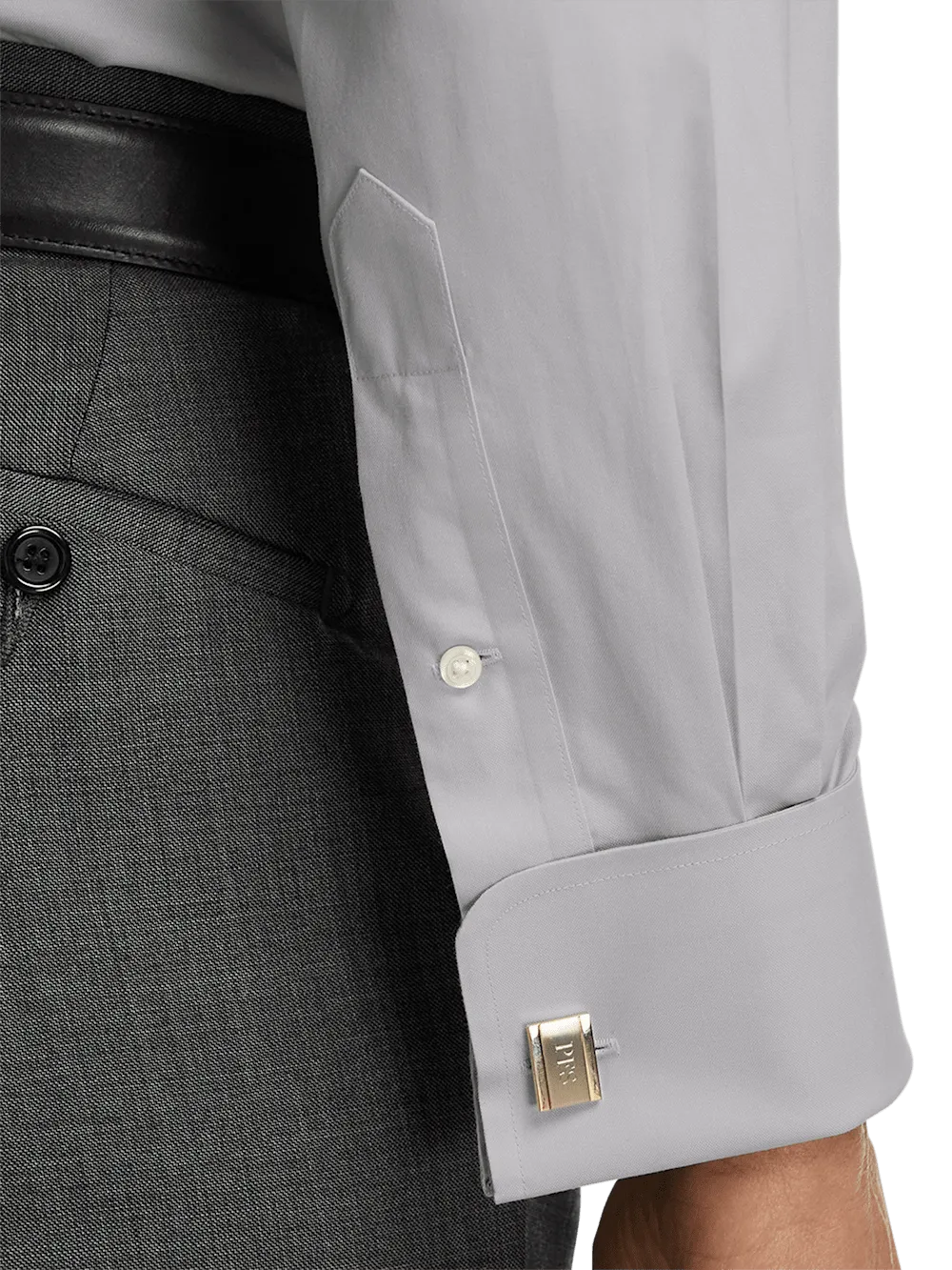 Non-Iron Cotton Pinpoint Solid Point Collar French Cuff Dress Shirt - Grey