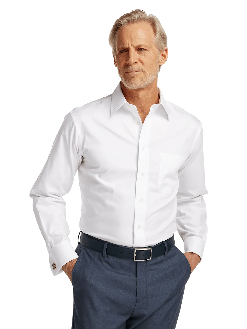 Non-Iron Cotton Pinpoint Solid Point Collar French Cuff Dress Shirt - White