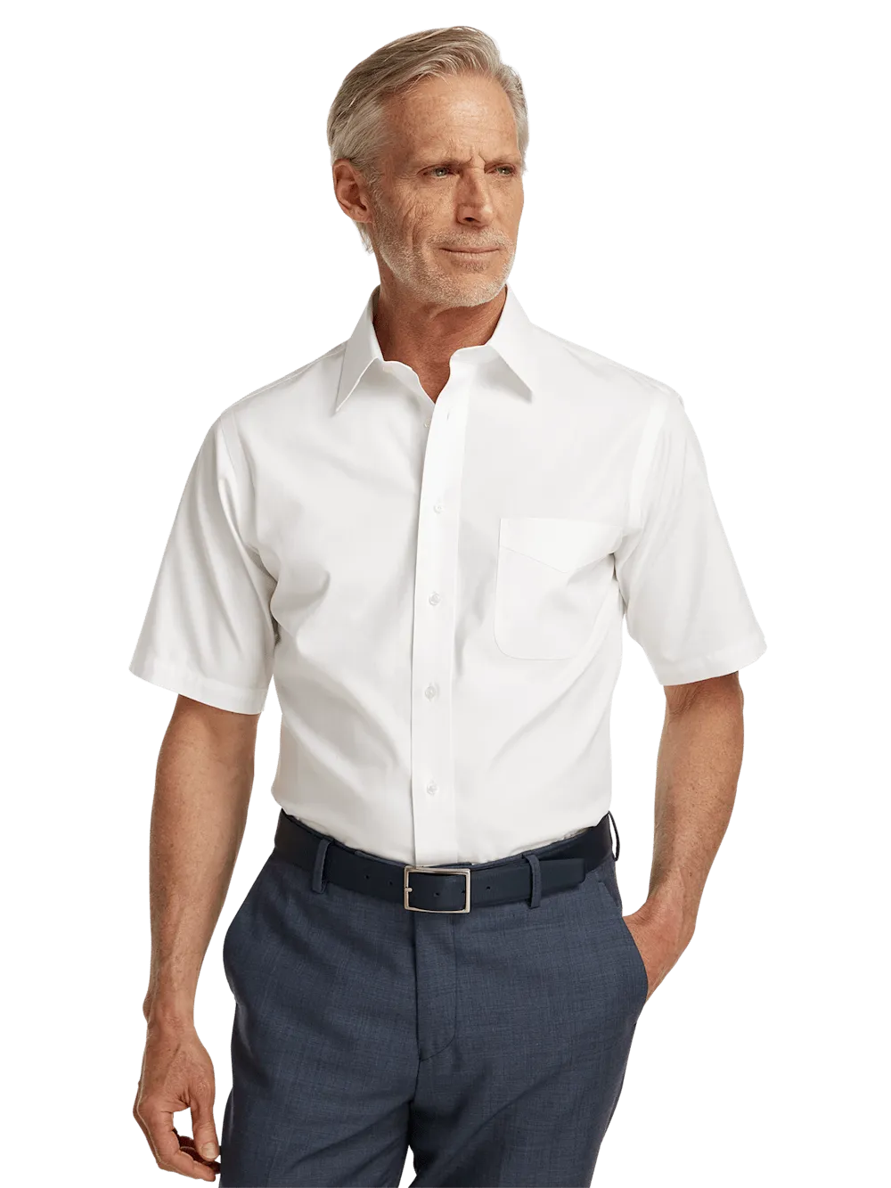 Non-Iron Cotton Pinpoint Solid Point Collar Short Sleeve Dress Shirt - White