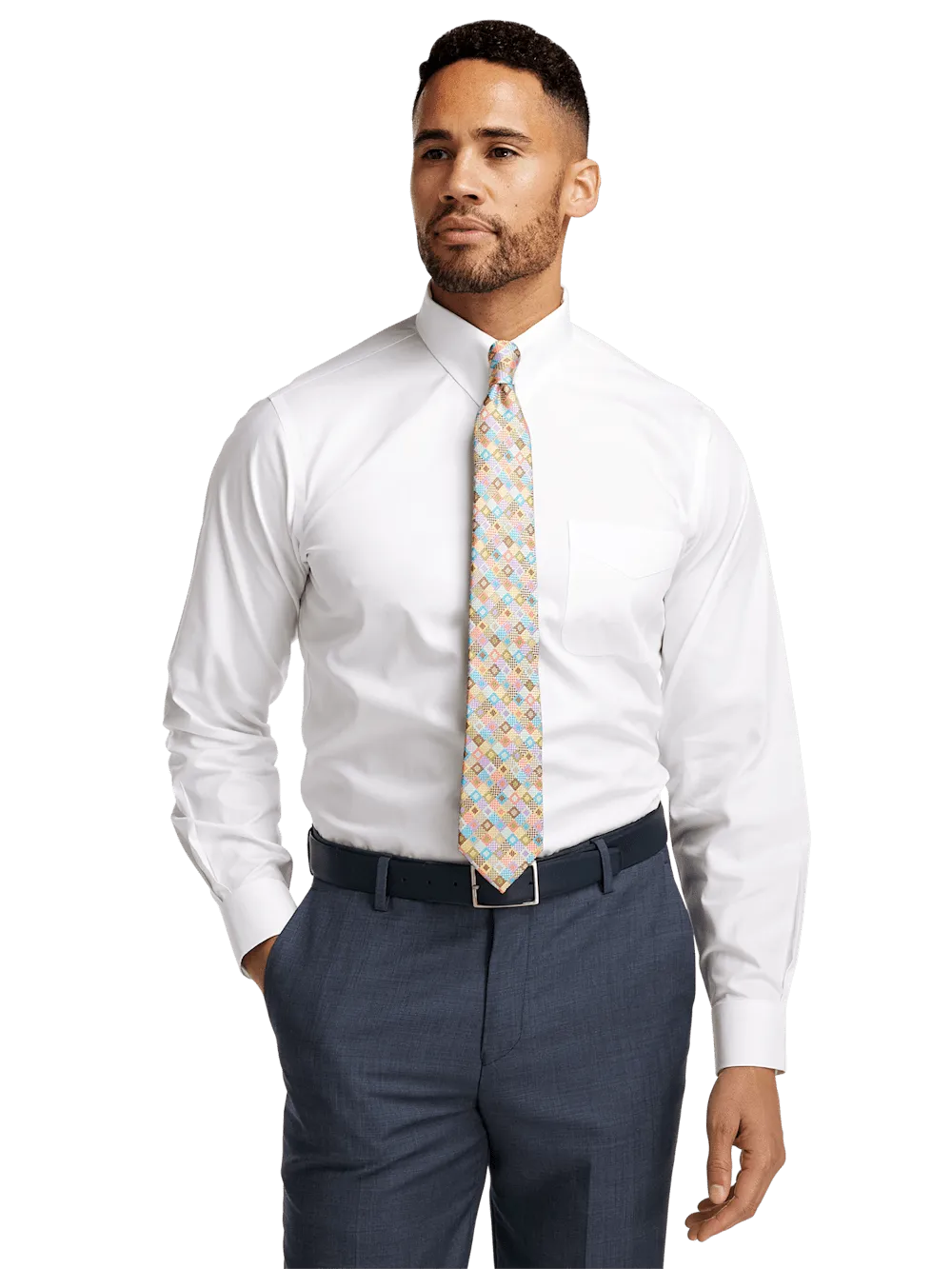 Non-Iron Cotton Pinpoint Solid Snap Tab Collar Dress Shirt - White