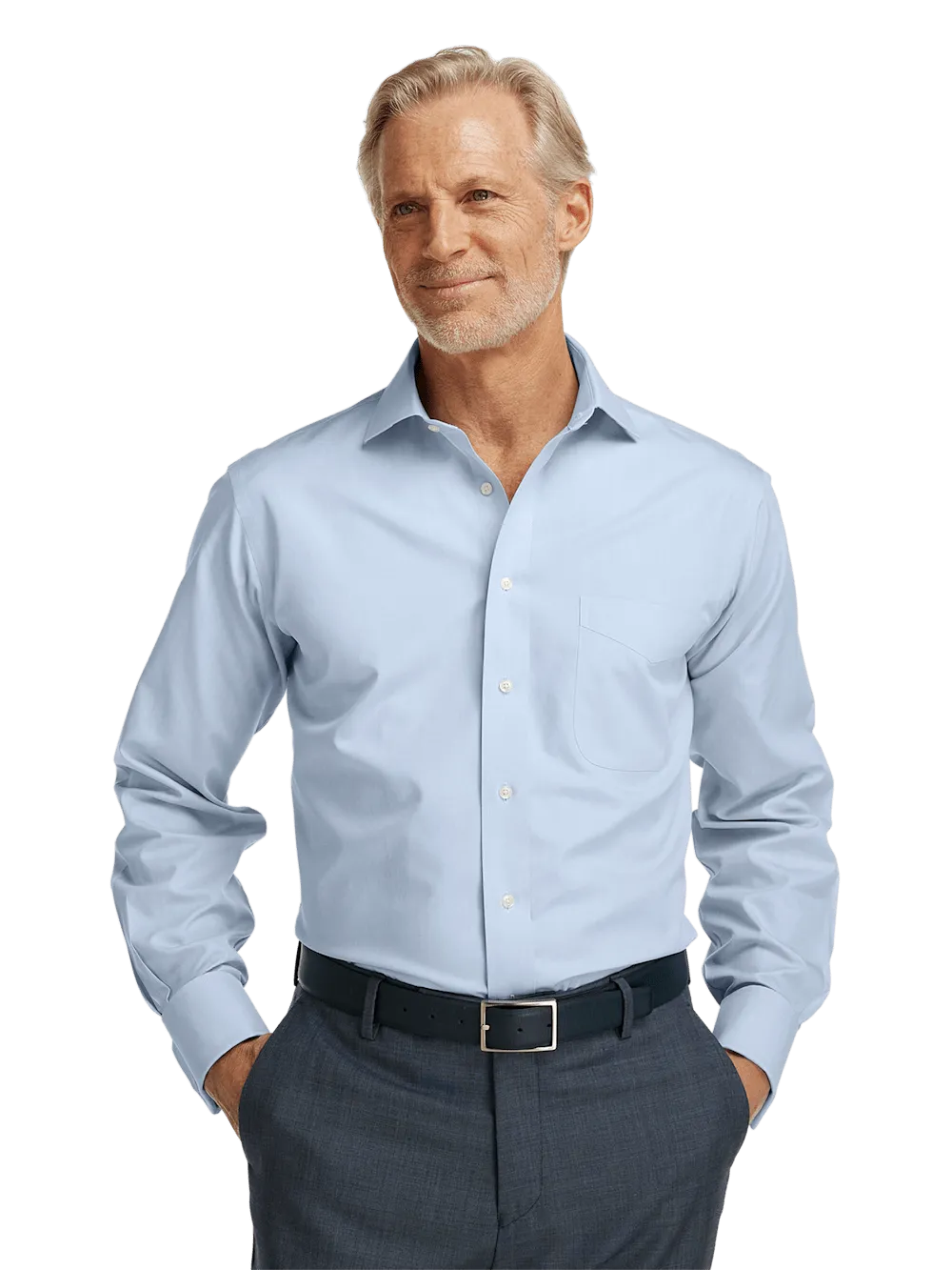 Non-Iron Cotton Pinpoint Solid Spread Collar French Cuff Dress Shirt - Blue