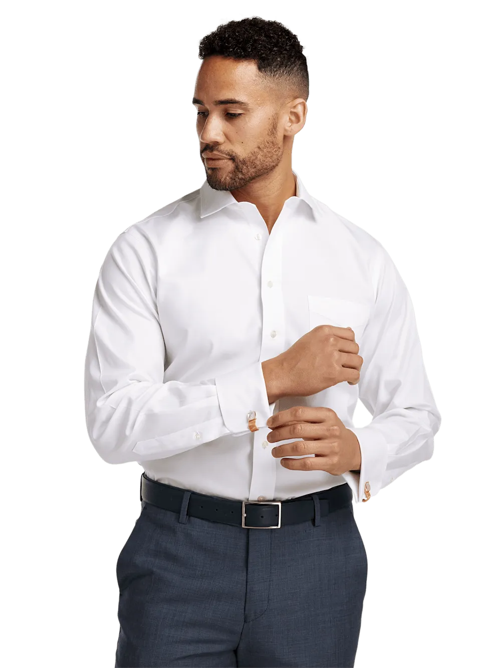 Non-Iron Cotton Pinpoint Solid Spread Collar French Cuff Dress Shirt - White