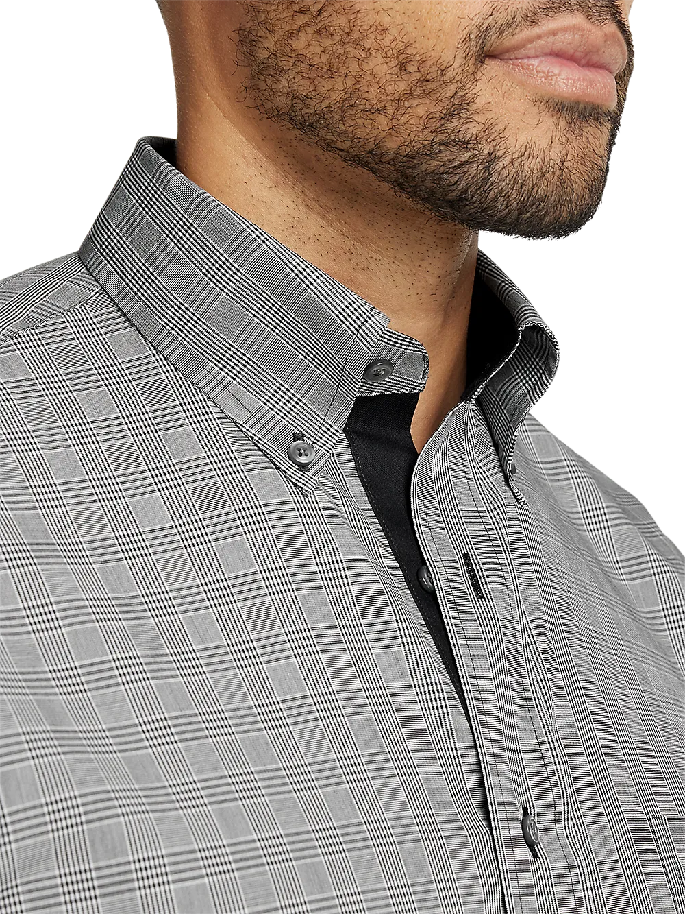 Non-Iron Cotton Plaid Dress Shirt With Contrast Trim - Black