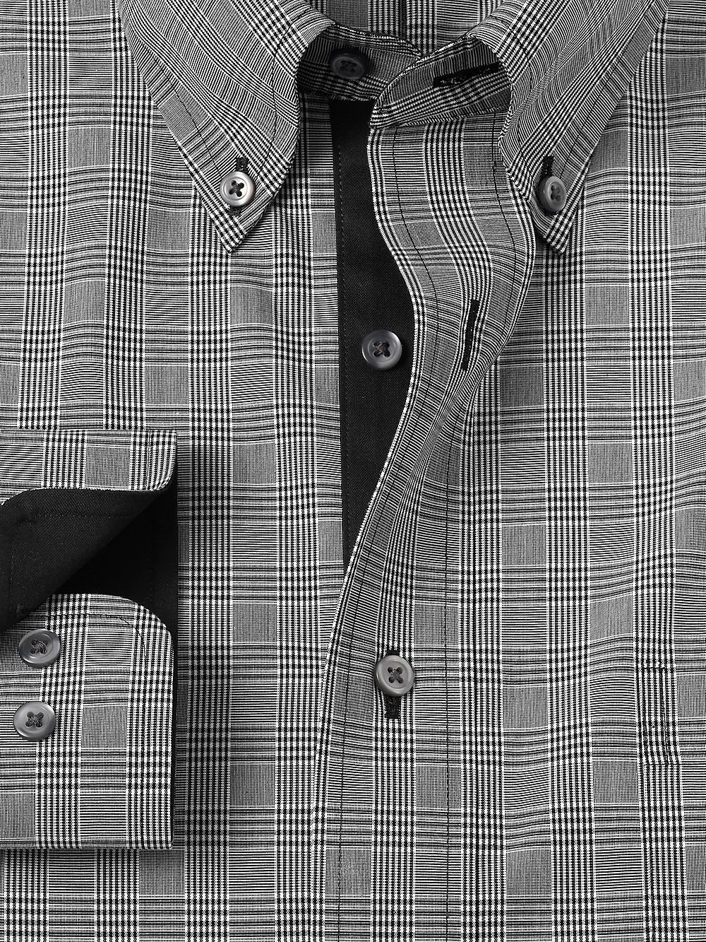 Non-Iron Cotton Plaid Dress Shirt With Contrast Trim - Black