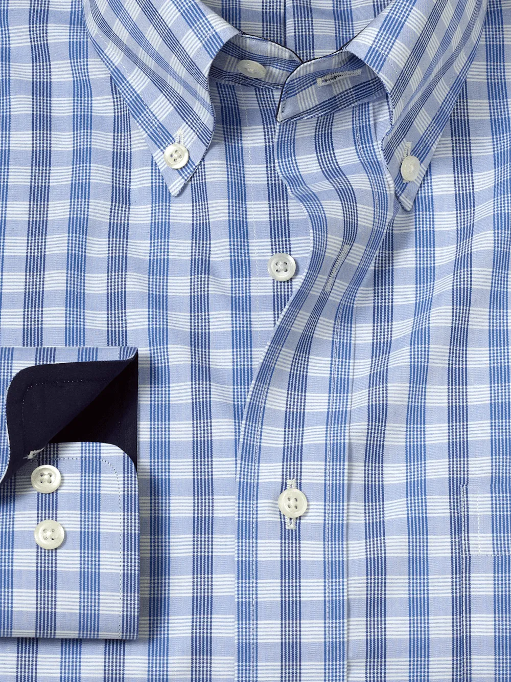 Non-Iron Cotton Plaid Dress Shirt With Contrast Trim - Blue