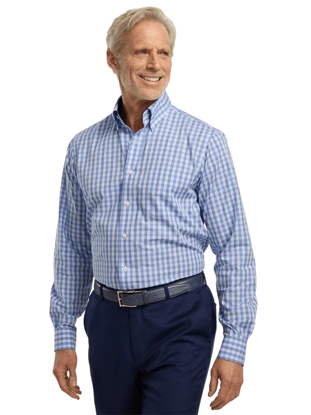 Non-Iron Cotton Plaid Dress Shirt With Contrast Trim - Blue