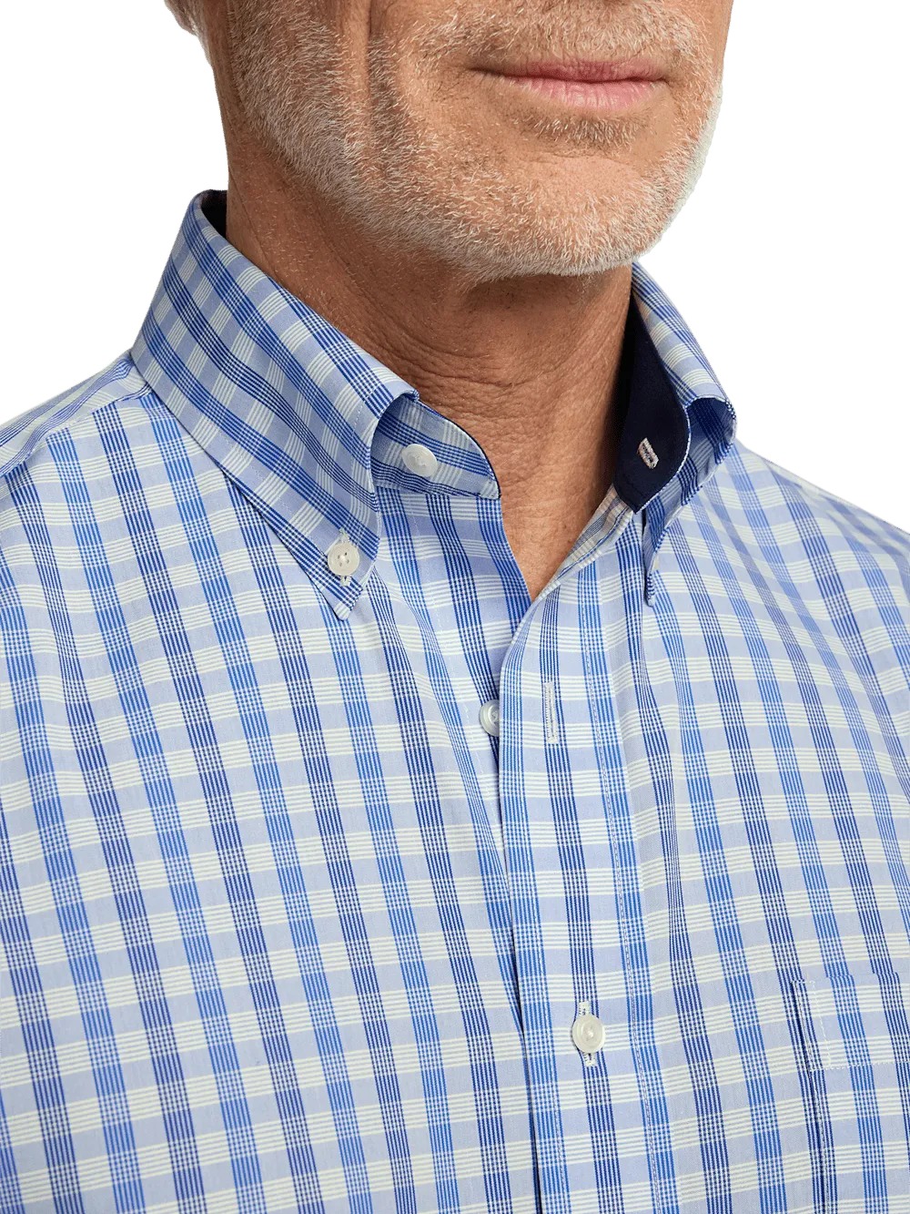 Non-Iron Cotton Plaid Dress Shirt With Contrast Trim - Blue