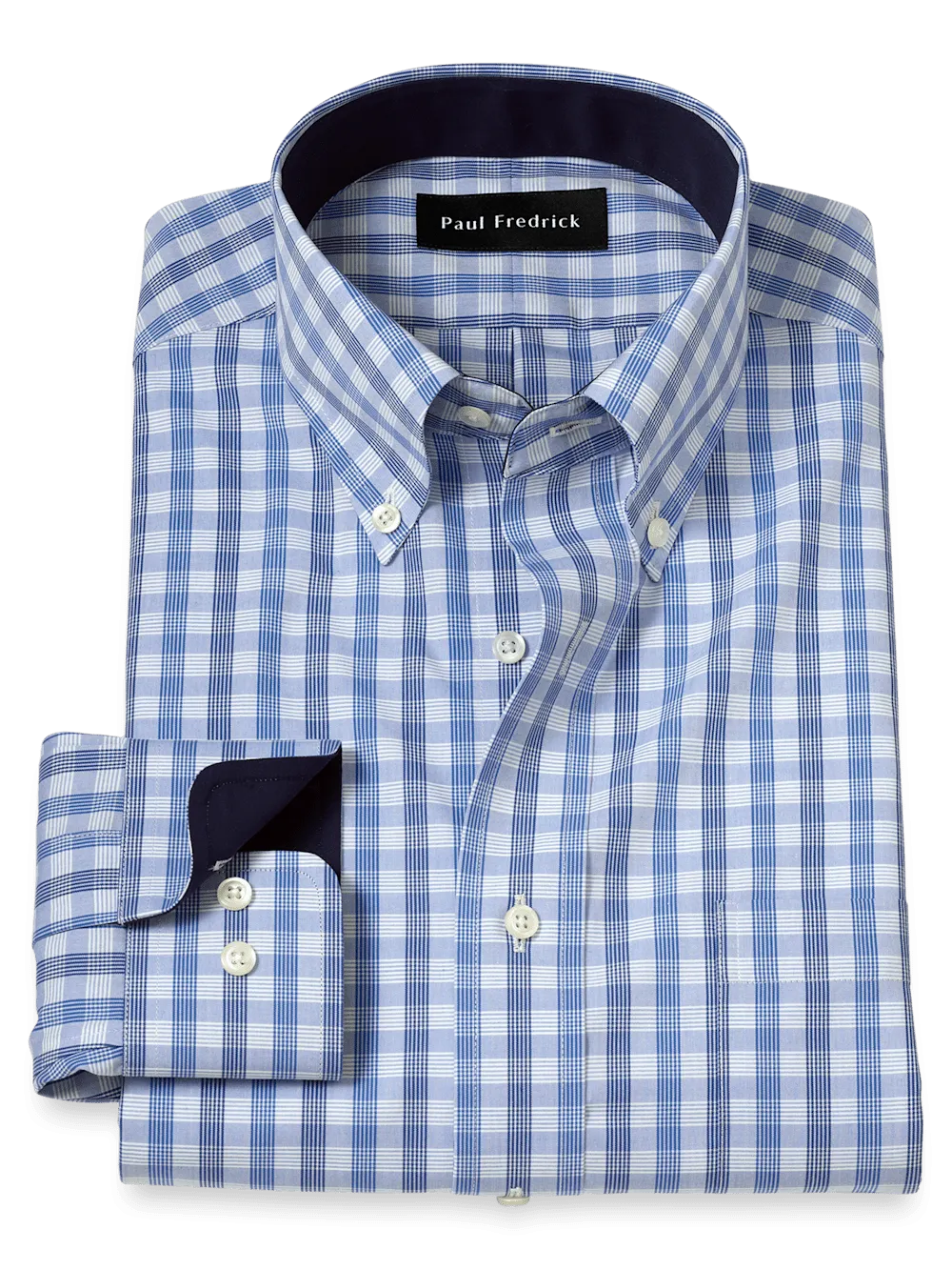 Non-Iron Cotton Plaid Dress Shirt With Contrast Trim - Blue
