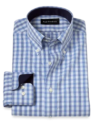 Non-Iron Cotton Plaid Dress Shirt With Contrast Trim - Blue