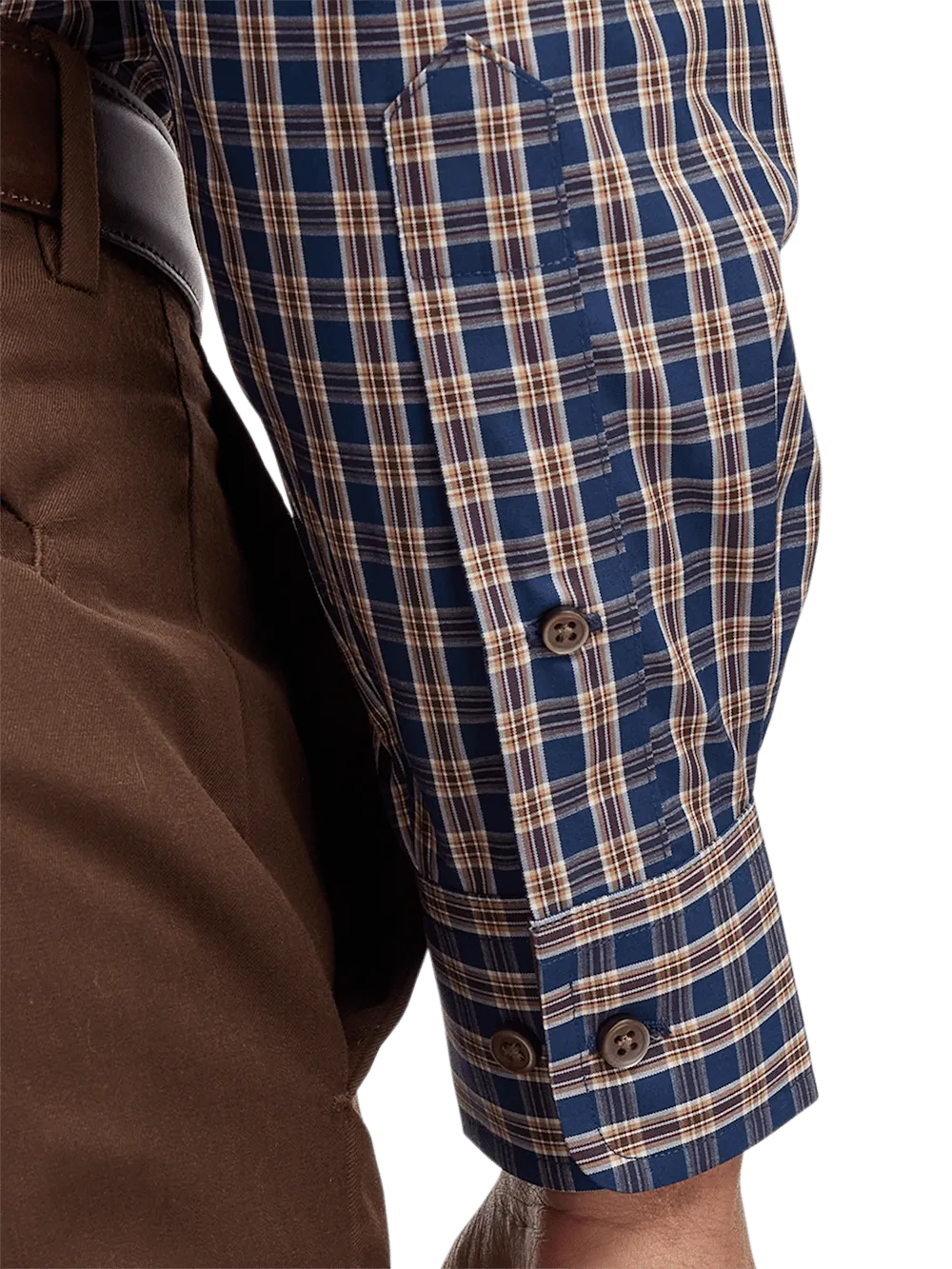 Non-Iron Cotton Plaid Dress Shirt With Contrast Trim - Blue/brown