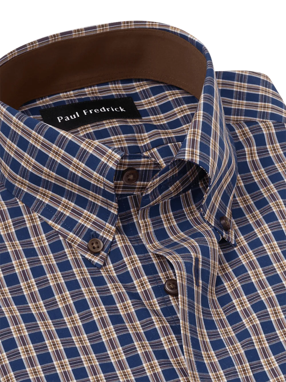 Non-Iron Cotton Plaid Dress Shirt With Contrast Trim - Blue/brown