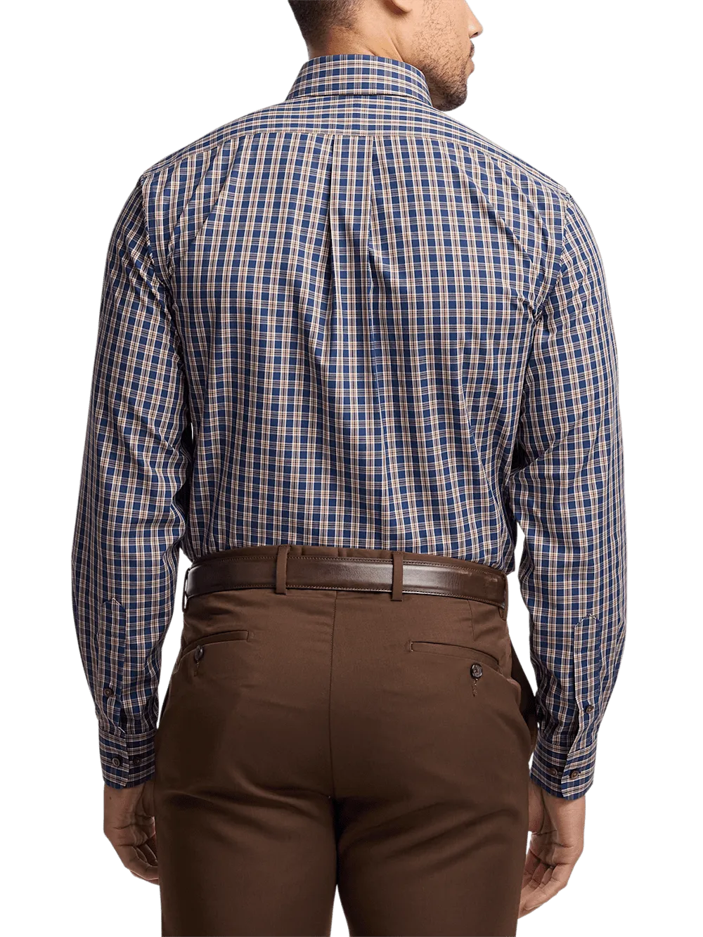 Non-Iron Cotton Plaid Dress Shirt With Contrast Trim - Blue/brown