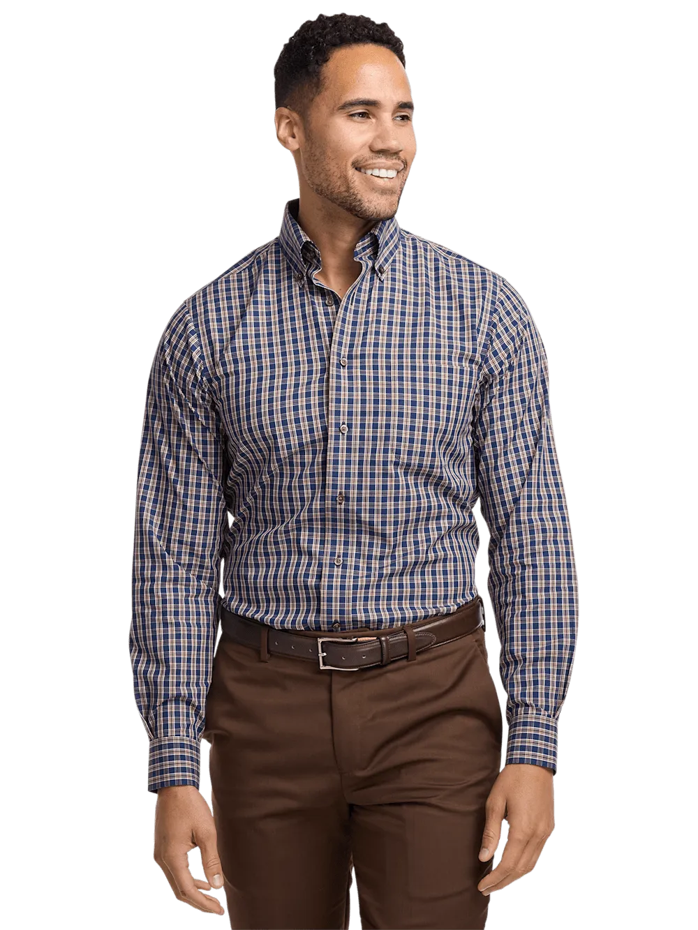 Non-Iron Cotton Plaid Dress Shirt With Contrast Trim - Blue/brown