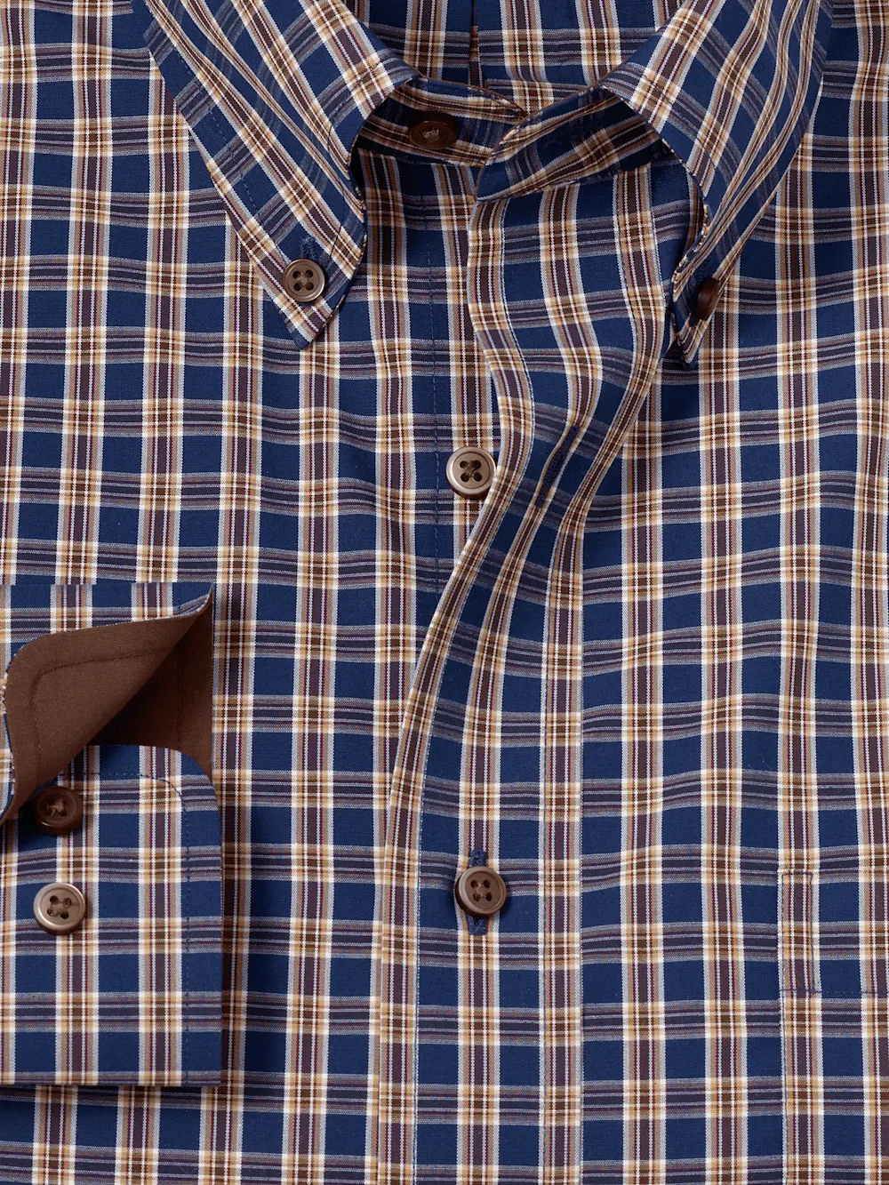Non-Iron Cotton Plaid Dress Shirt With Contrast Trim - Blue/brown