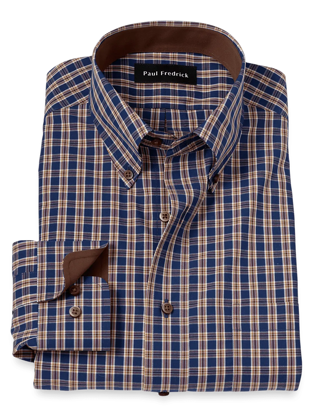 Non-Iron Cotton Plaid Dress Shirt With Contrast Trim - Blue/brown