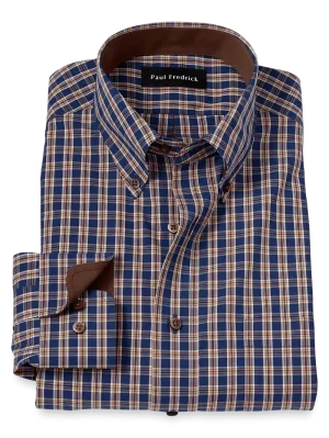 Non-Iron Cotton Plaid Dress Shirt With Contrast Trim - Blue/brown