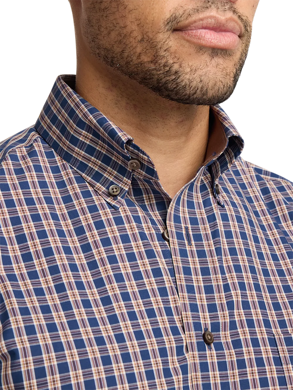 Non-Iron Cotton Plaid Dress Shirt With Contrast Trim - Blue/brown