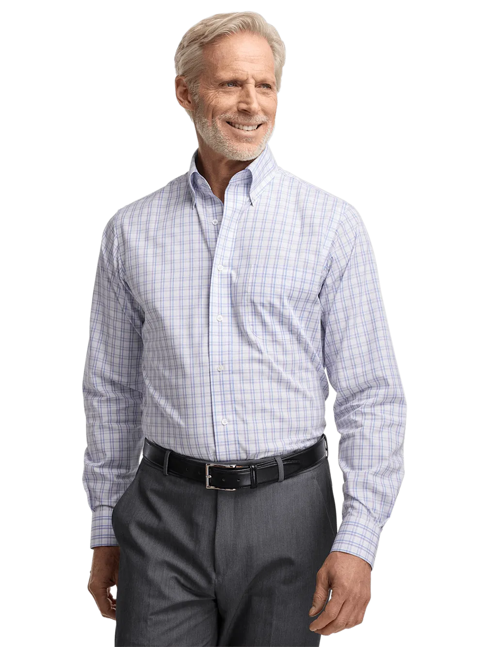 Non-Iron Cotton Plaid Dress Shirt With Contrast Trim - Blue/purple
